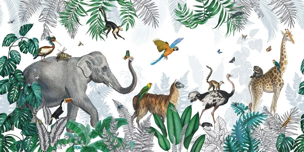 Фотообои и фрески на стену - в детскую комнату, животные в лесу, ярко зеленая