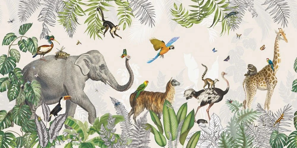 Фотообои и фрески на стену - в детскую комнату, животные в лесу, на кремовом фоне