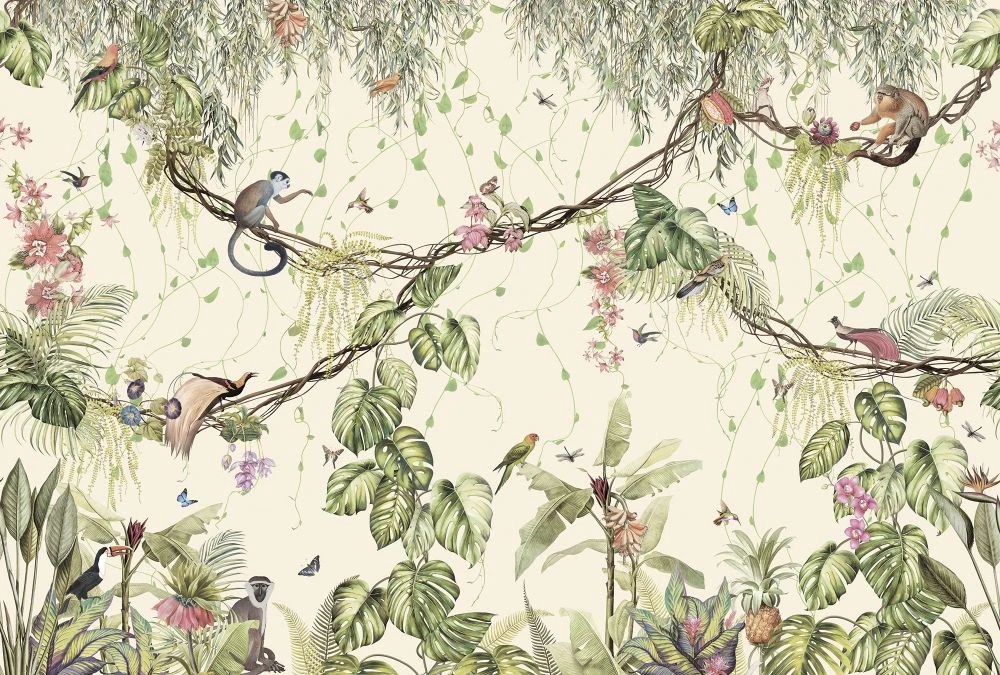 Фотообои на стену - в детскую комнату, лианы с обезьянками, на желтом фоне