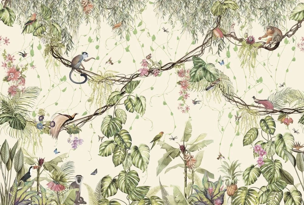 Фотообои на стену - в детскую комнату, лианы с обезьянками, на желтом фоне