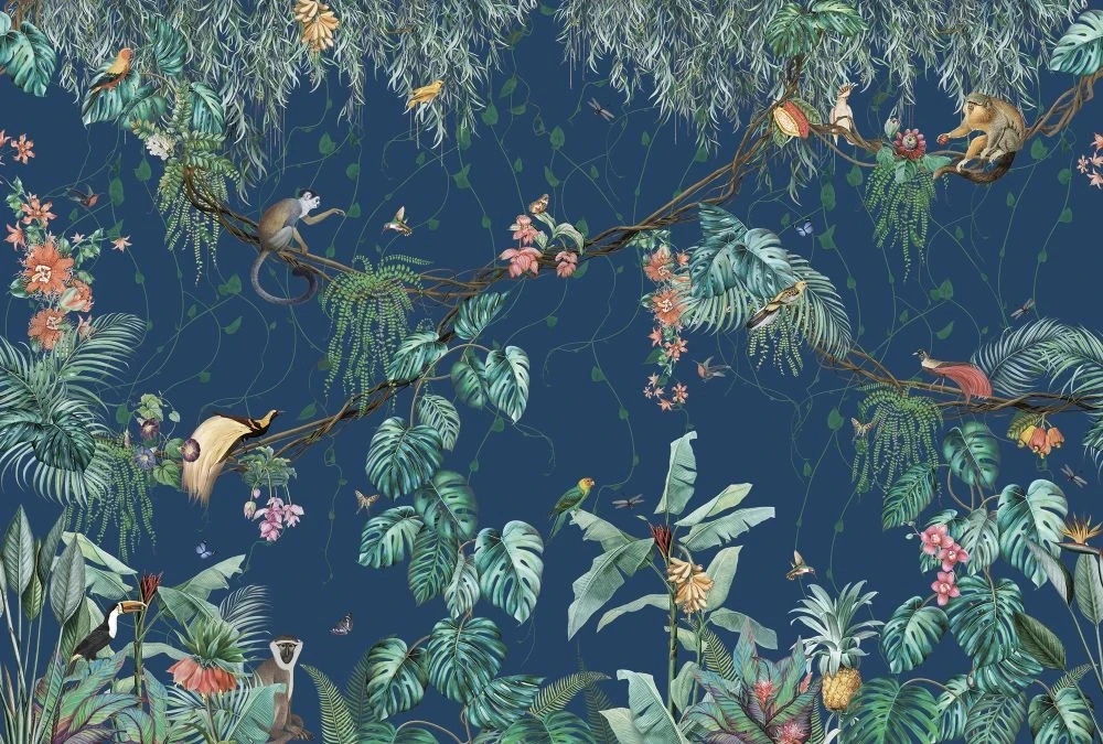 Фотообои и фрески на стену - в детскую комнату, лианы с обезьянками, темно синяя