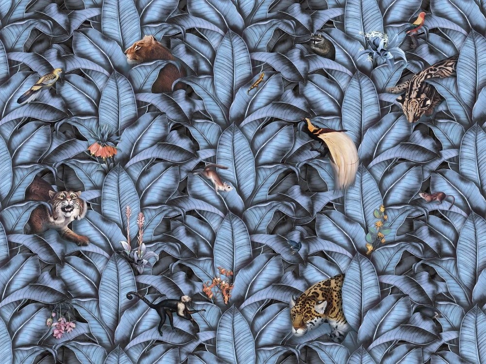 Фотообои и фрески на стену - в детскую комнату, обои с животными, листья, синий