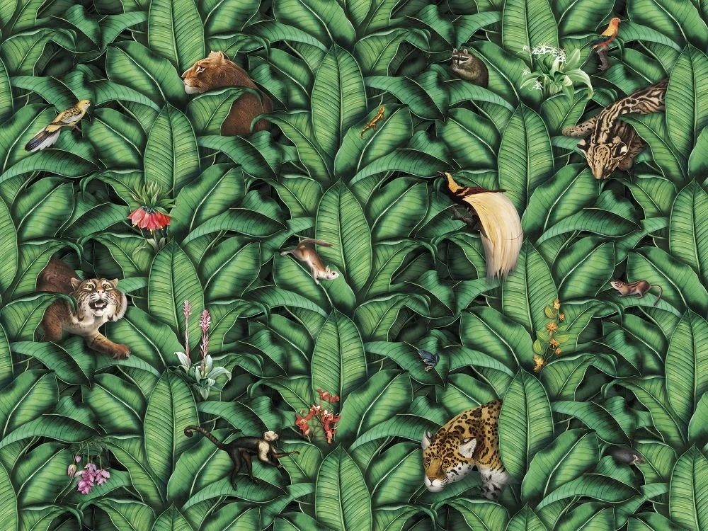 Фотообои на стену - в детскую комнату, обои с животыми, листья, ярко зеленая