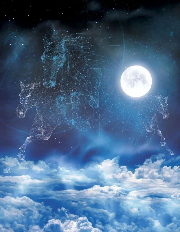 Фотообои на стену - в офис, обои лошади, синий, облака ночью, ночное небо, луна 