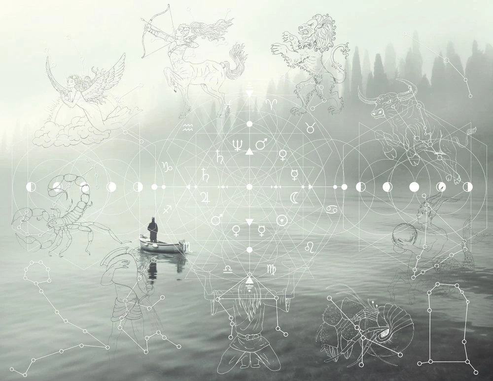 Фотообои на стену - в офис, река, лодка, знаки зодиака, чёрно-белые, в серых тонах