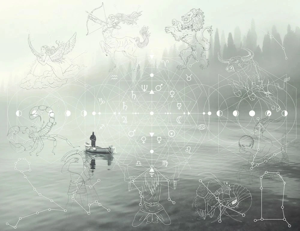 Фотообои на стену - в офис, река, лодка, знаки зодиака, чёрно-белые, в серых тонах