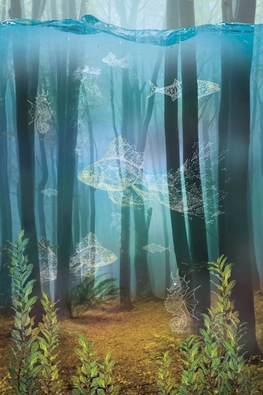 Фотообои на стену - в детскую комнату, лес, рыбы, аквариум, в синих тонах