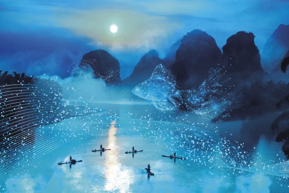 Фотообои и фрески на стену - в офис, река, лодки, рыбы, синий