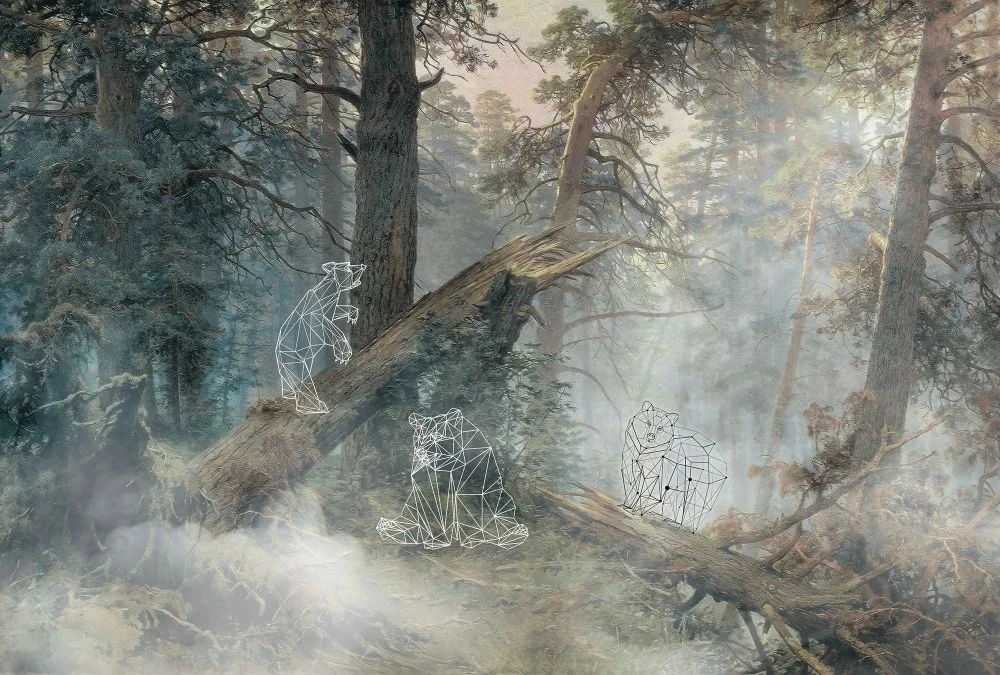 Фотообои на стену - в офис, сосновый бор, в лесу, медвежата