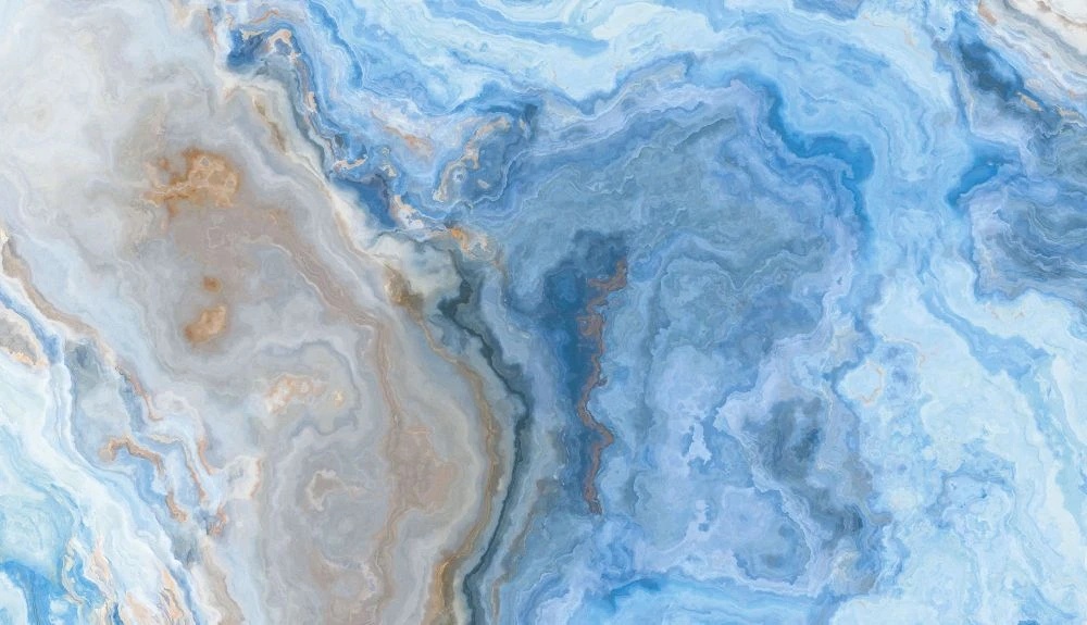 Фотообои на стену - в ванную комнату, под мрамор, ярко голубая, с золотом