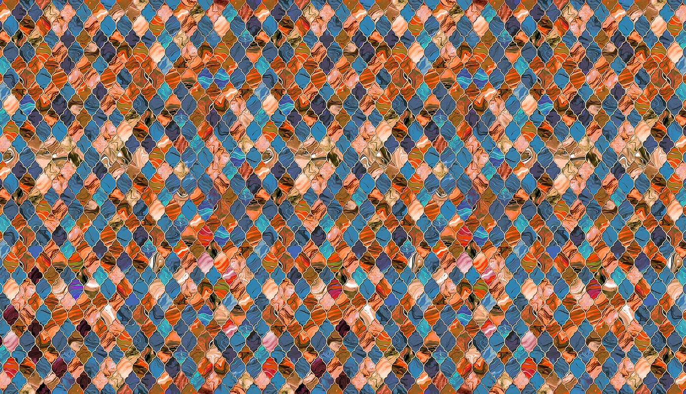 Фотообои и фрески на стену - геометрический узор, яркие, пестрые, оранжевые, рыжие, синие, голубые, геометрия, малахит, абстракция, лоскутки, мазки, мозаика