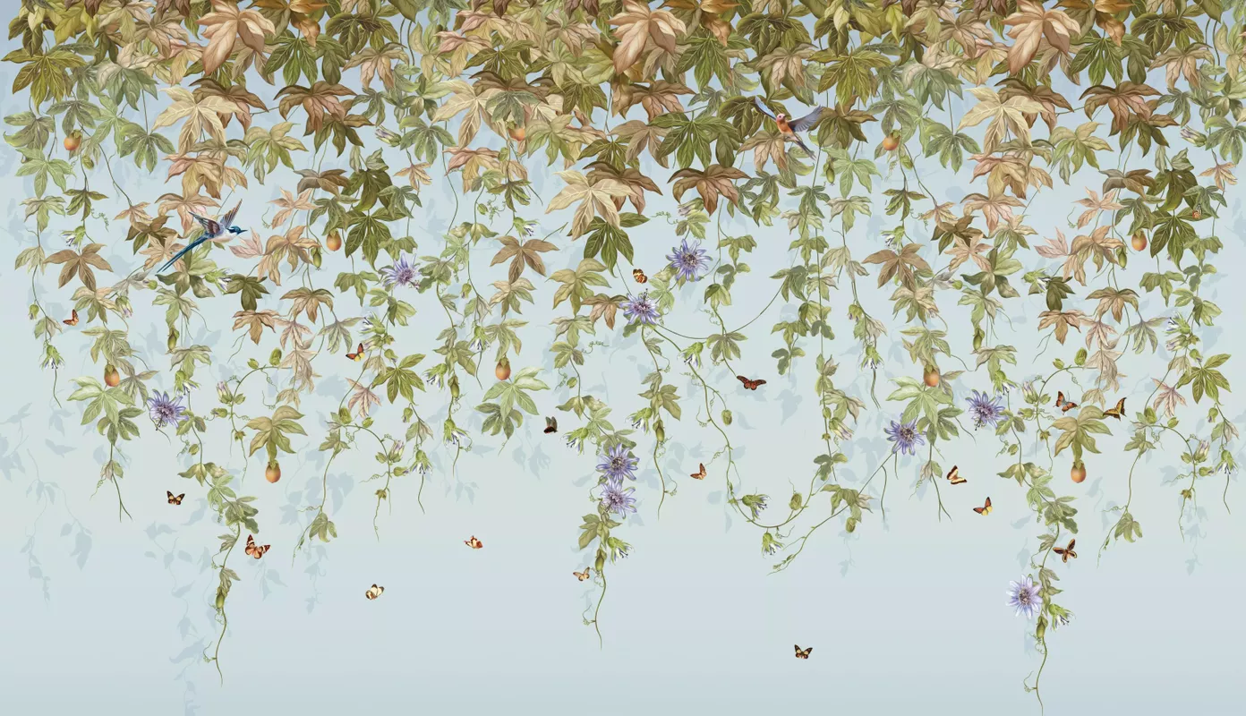 Фотообои и фрески на стену - цветы, листья, птицы, бабочки, ветви, зеленые, лианы, голубые, свисающие ветви