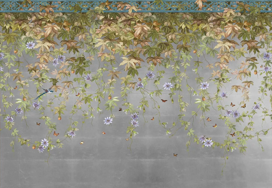 Фотообои и фрески на стену - лианы, вьющиеся растения, цветы, бабочки, серые