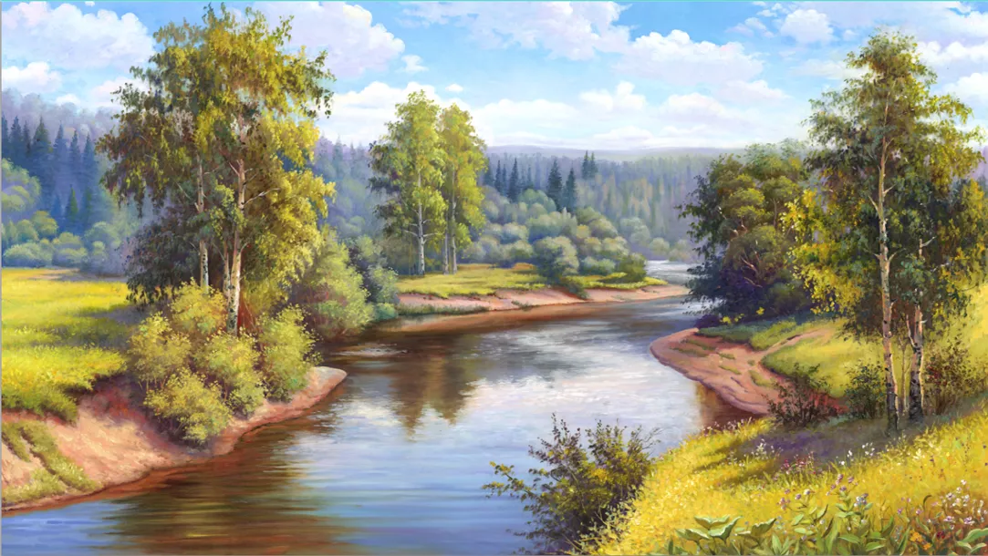 Фотообои и фрески на стену - пейзаж, живопись, деревья, с рекой, русская природа
