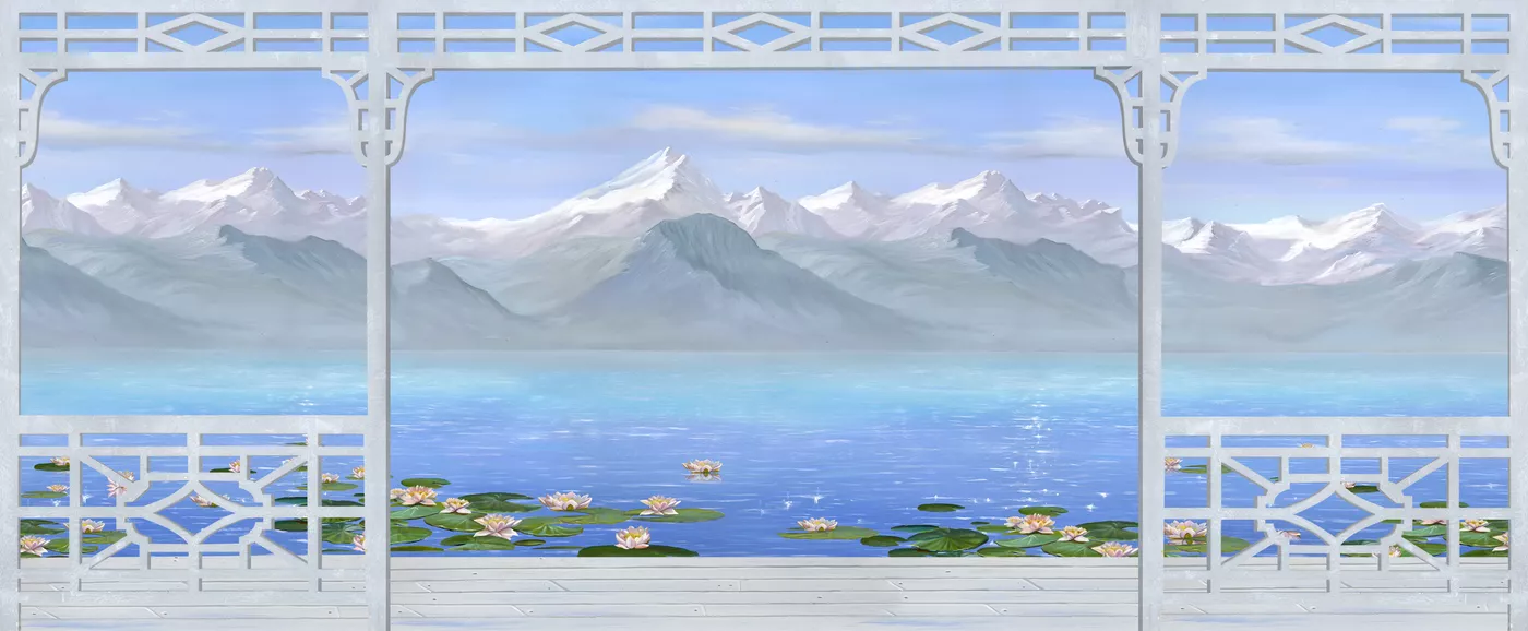 Фотообои и фрески на стену - пейзаж, белые, голубые, озеро, терраса