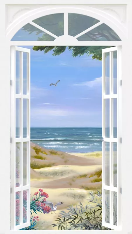 Фотообои и фрески на стену - белые, вид из окна, море, пляж, вид с балкона