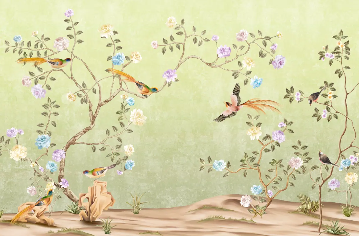 Фотообои и фрески на стену - листья, деревья, цветущие деревья, птицы, кусты, шинуазри, цветы