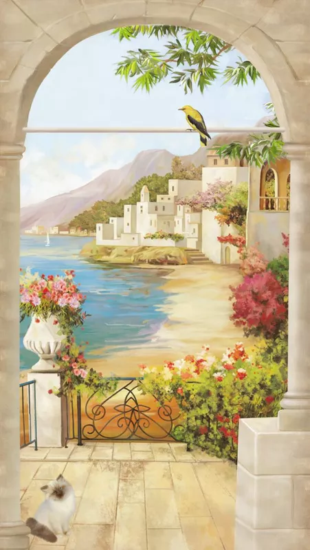 Фотообои и фрески на стену - морской пейзаж, вид на город, арки, берег моря, бежевые