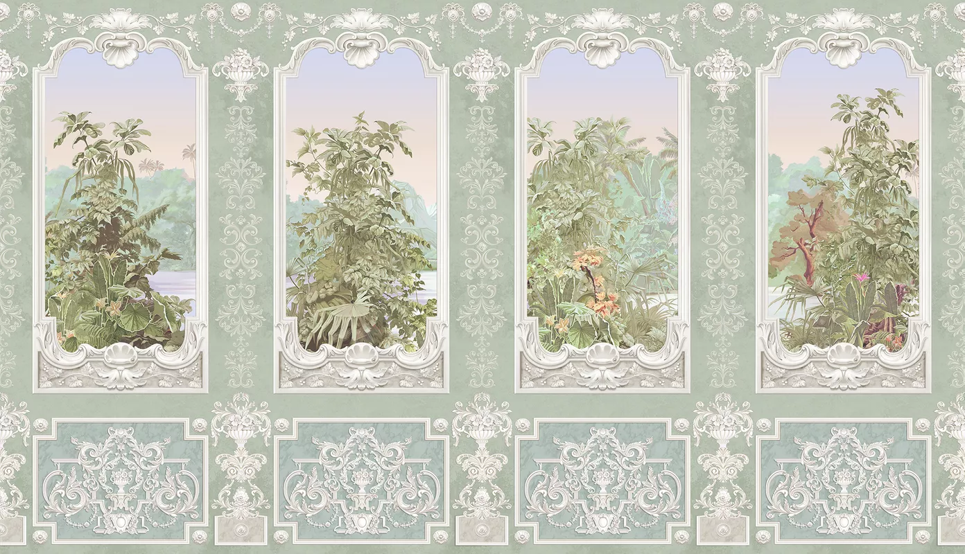 Фотообои и фрески на стену - классика, орнамент, мрамор, стена, живопись, зеленые, салатовые, светлые, узоры, деревья, тропические растения, природа, ропись, лепнина, мраморные, стиль рококо, панели, 4 части