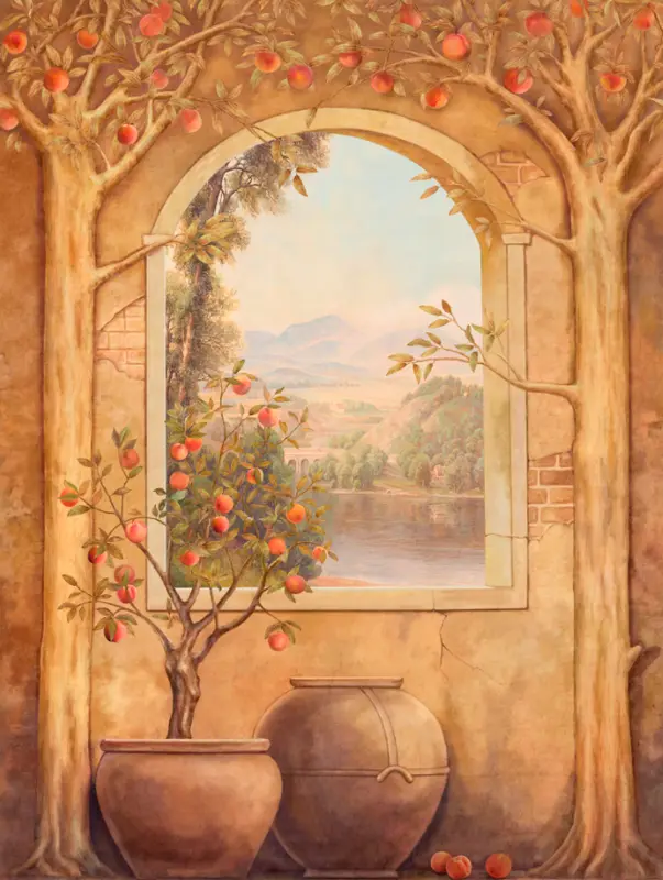 Фотообои и фрески на стену - пейзаж, с апельсинами, в окне, живопись, плоды, природа, дерево, персики, растения, цветочный горшок, арка, пруд, горы, озеро, река, лес, апельсиновое дерево, дерево апельсиновое
