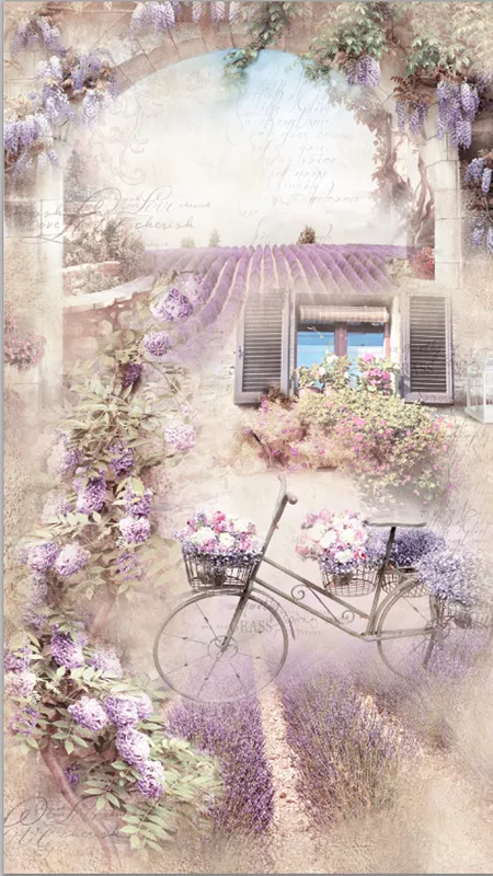 Фотообои и фрески на стену - велосипед, окно, в стиле прованс, лаванда, цветы