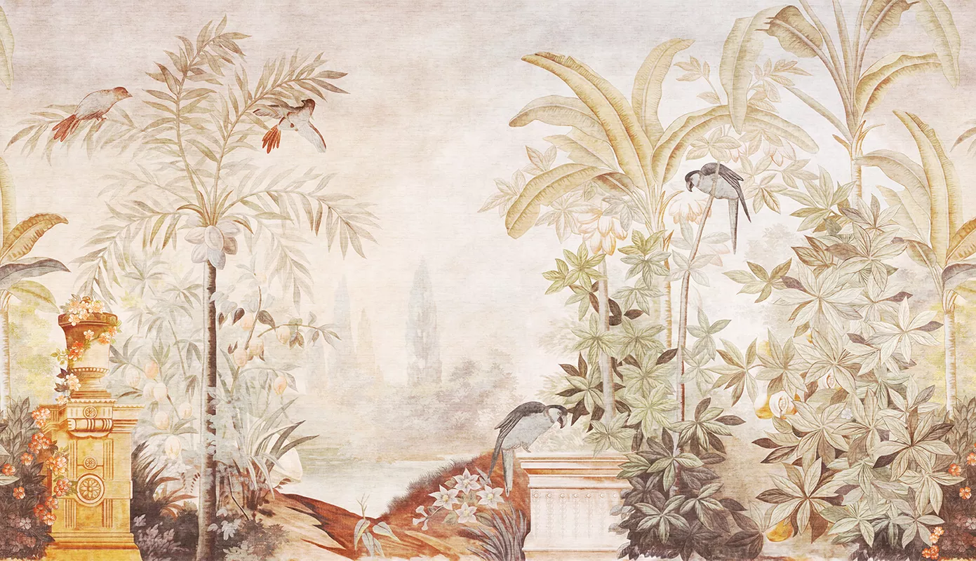 Фотообои и фрески на стену - коричневые, сад, птицы, деревья, ваза