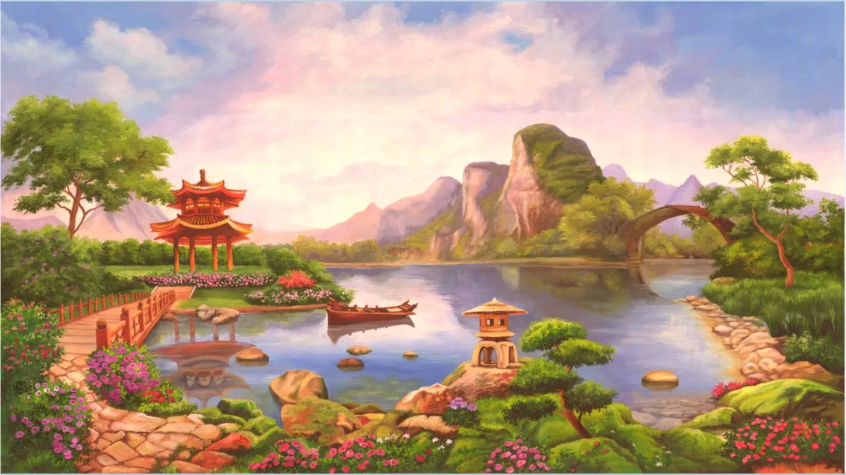 Фотообои и фрески на стену - пейзаж, с озером, китайские, зелень, голубые, закат, китайский пейзаж, цветы, зеленые, мосты, в китайском стиле, беседки, горы, карликовые деревья, природа, озеро, лодки, розовые, холмы, китай, водоемы