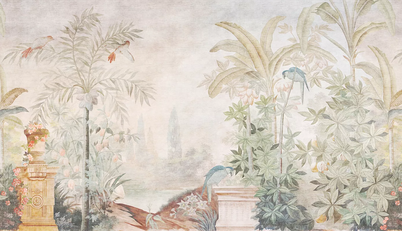 Фотообои и фрески на стену - сад, птицы, деревья, зеленые, коричневые