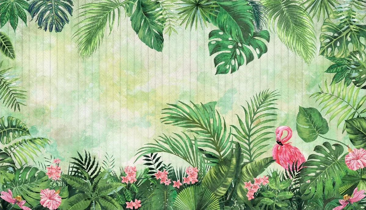 Фотообои и фрески на стену - монстера, розовые, тропические, пальмовые, полосы, зеленые, листья, линии, цветы, растения, птица, фламинго