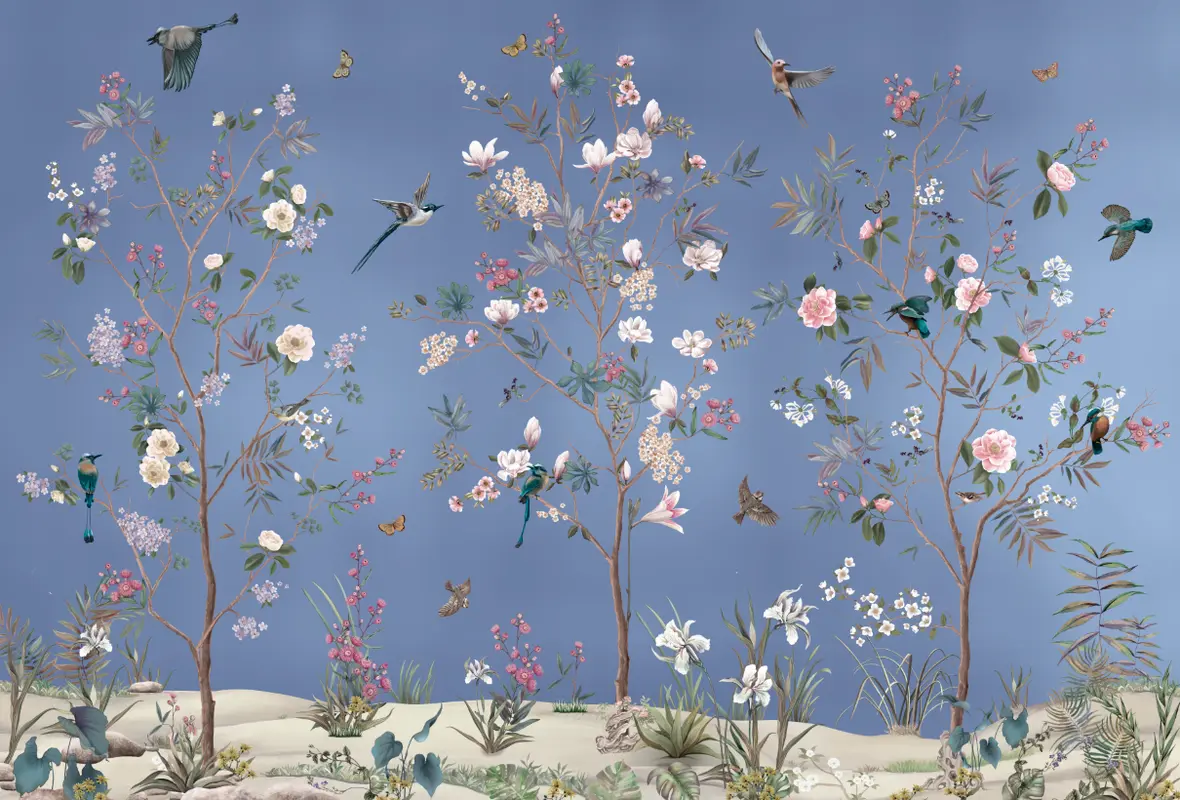 Фотообои и фрески на стену - бабочки, деревья, цветы, растения, лепестки, птицы, природа, шинуазри, листья
