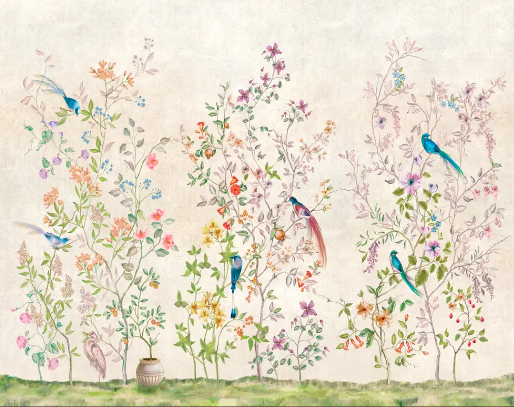 Фотообои и фрески на стену - кусты, шинуазри, нежность, цветения, цветы, природа, растения, птицы