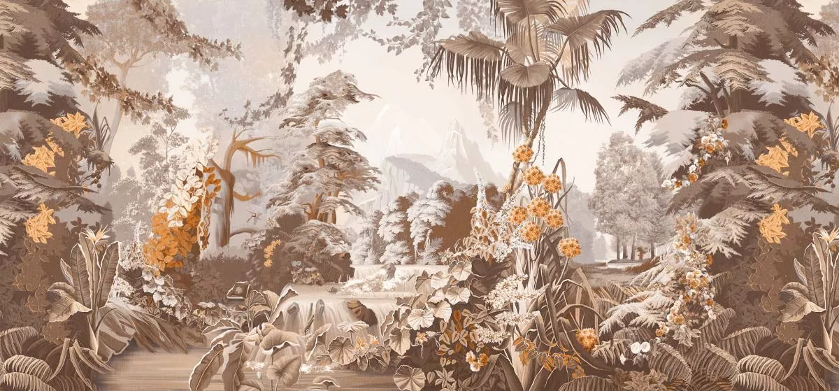 Фотообои и фрески на стену - сепия, бежевые, коричневые, водопад, пальмы, цветы, растения, тропики, деревья, тропический пейзаж, с оранжевым 
