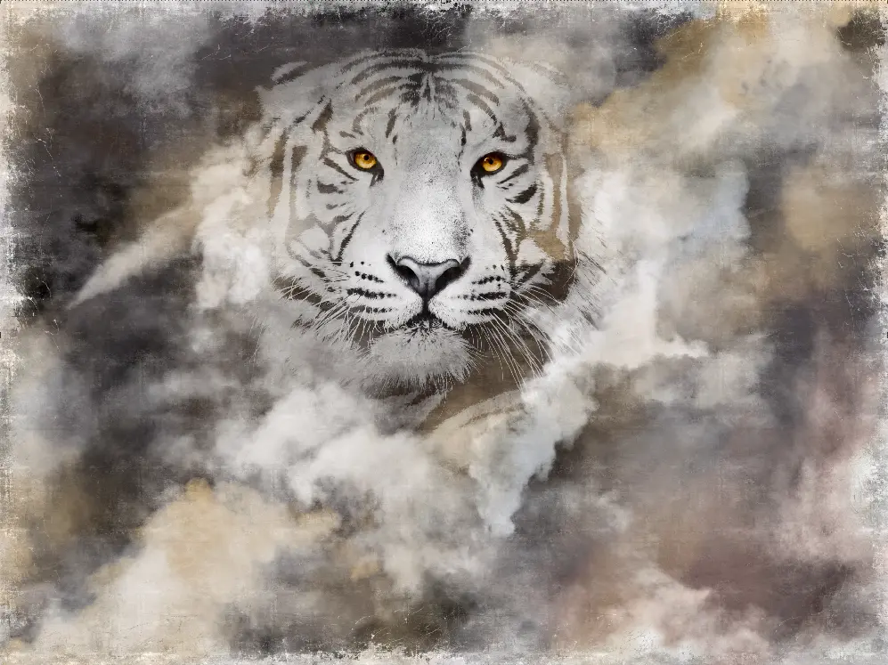 Фотообои и фрески на стену - современный, акварель, туман, белый тигр, мрамор, светлый, тигр, животные