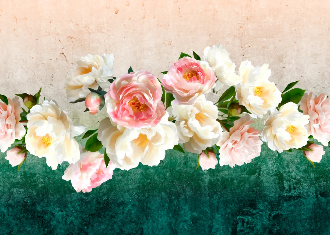 Фотообои и фрески на стену - зеленые, желтые, белые, листья, цветы, розовые, градиент, розы