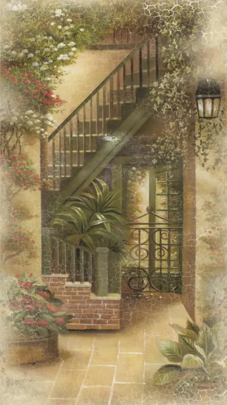 Фотообои и фрески на стену - трещины, лестница, узоры, листья, камень, арка, уличный фонарь, цветы, растения