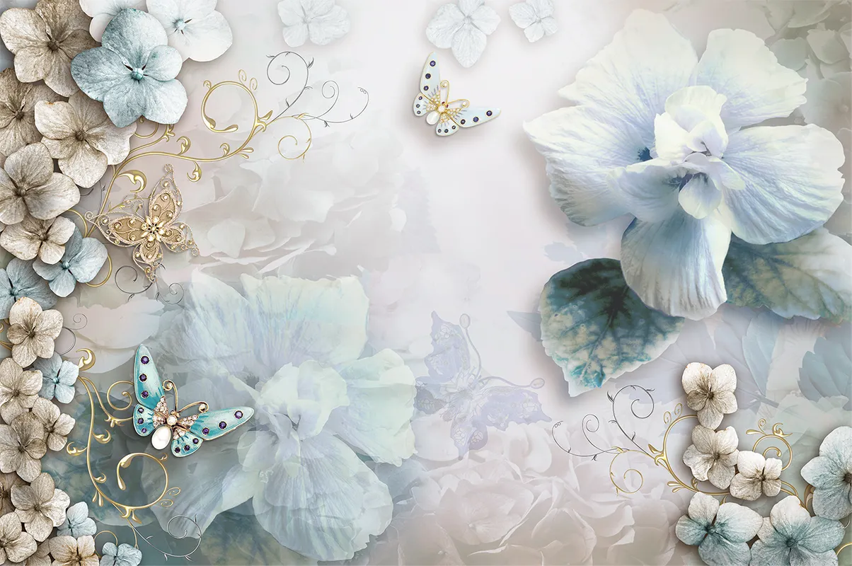 Фотообои и фрески на стену - алмазы, бабочки, бриллианты, цветы шиповника, листья, голубые, белые