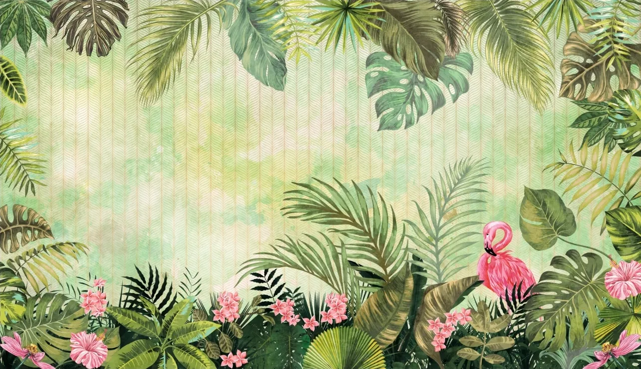 Фотообои и фрески на стену - полосы, птица, тропические, листья, пальмовые, коричневые, растения, линии, цветы, розовые, зеленые, монстера, фламинго