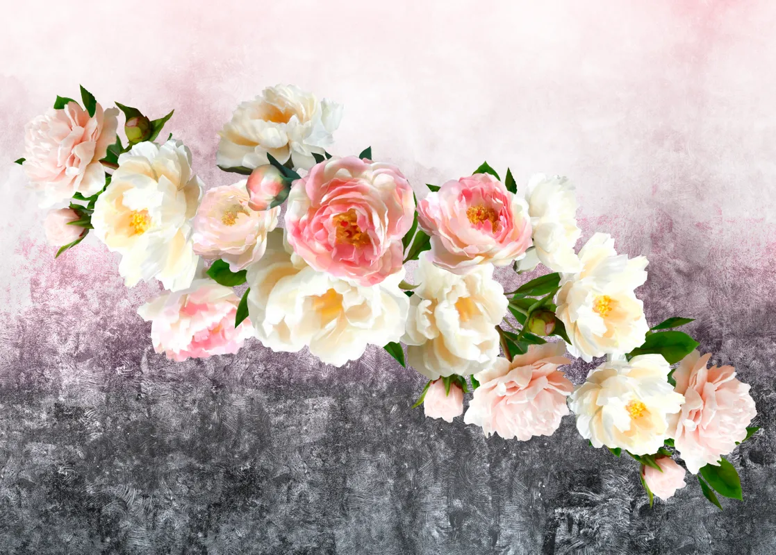 Фотообои и фрески на стену - цветы, розовые, градиент, белые, розы, листья, серые