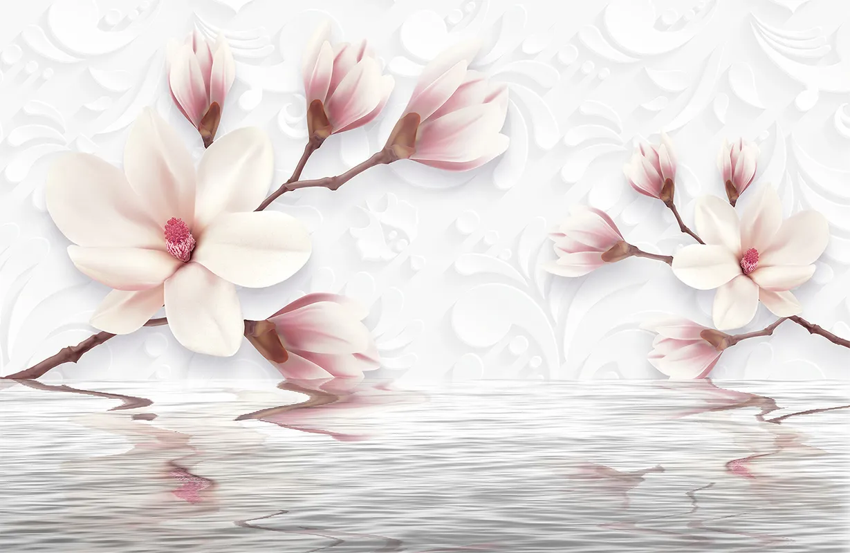 Фотообои и фрески на стену - магнолия, цветы, вода, ветви, белые, розовые, магнолии