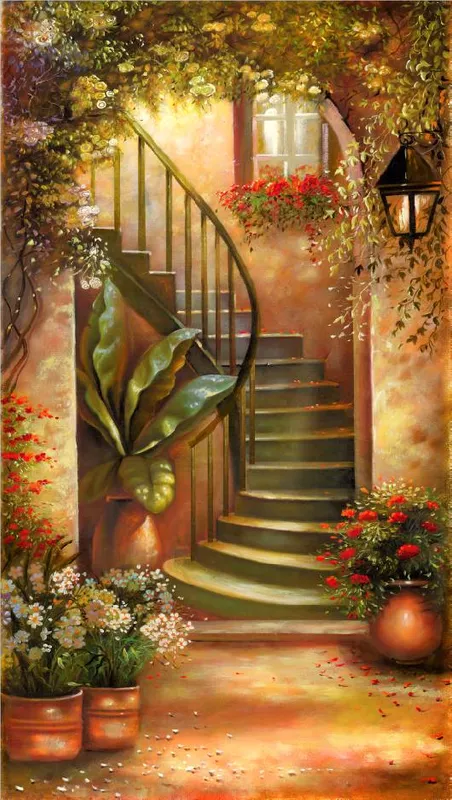 Фотообои и фрески на стену - лестница, красные, коричневые, цветы в горшках, зеленые, желтые, цветы, с лестницей, картины, живопись