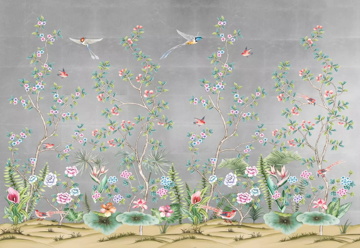 Фотообои и фрески на стену - шинуазри, сад, цветы, птицы, деревья