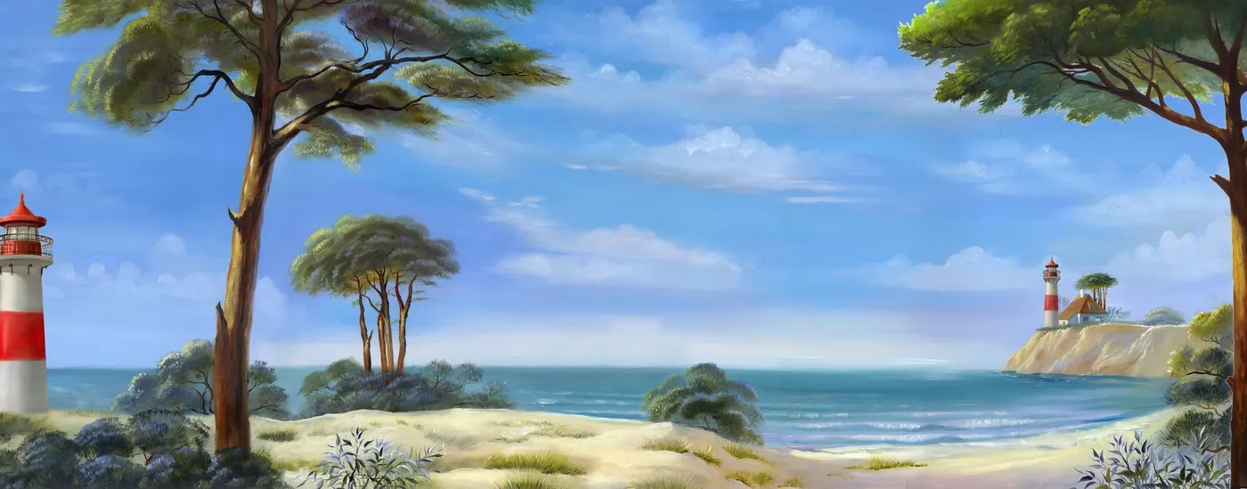 Фотообои и фрески на стену - пейзаж, морские, пляж, синее море, маяк