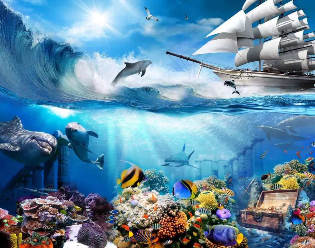 Фотообои и фрески на стену - подводный мир, в детскую комнату, небо, вода, рыбки, руины, сундук сокровищ, морские, дельфины, рыбы, птицы, океан, рыбка, морское дно, солнечные лучи, корабль, акула, волны, колонны, чайки, море, кораллы, рыба, морская тематика, речное дно, подводный мир на стену