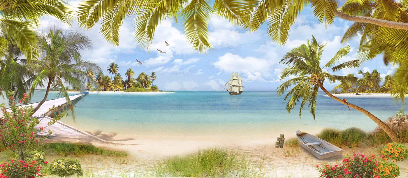 Фотообои и фрески на стену - песок, белые, корабль, чайки, море, остров, пейзаж, природа, с пальмами, морской, цветы, вода, океан, берег, лодка, пляж, тропики, оранжевые, розовые, облака, пальмы, небо, пристань, рассвет на острове, море небо пальмы