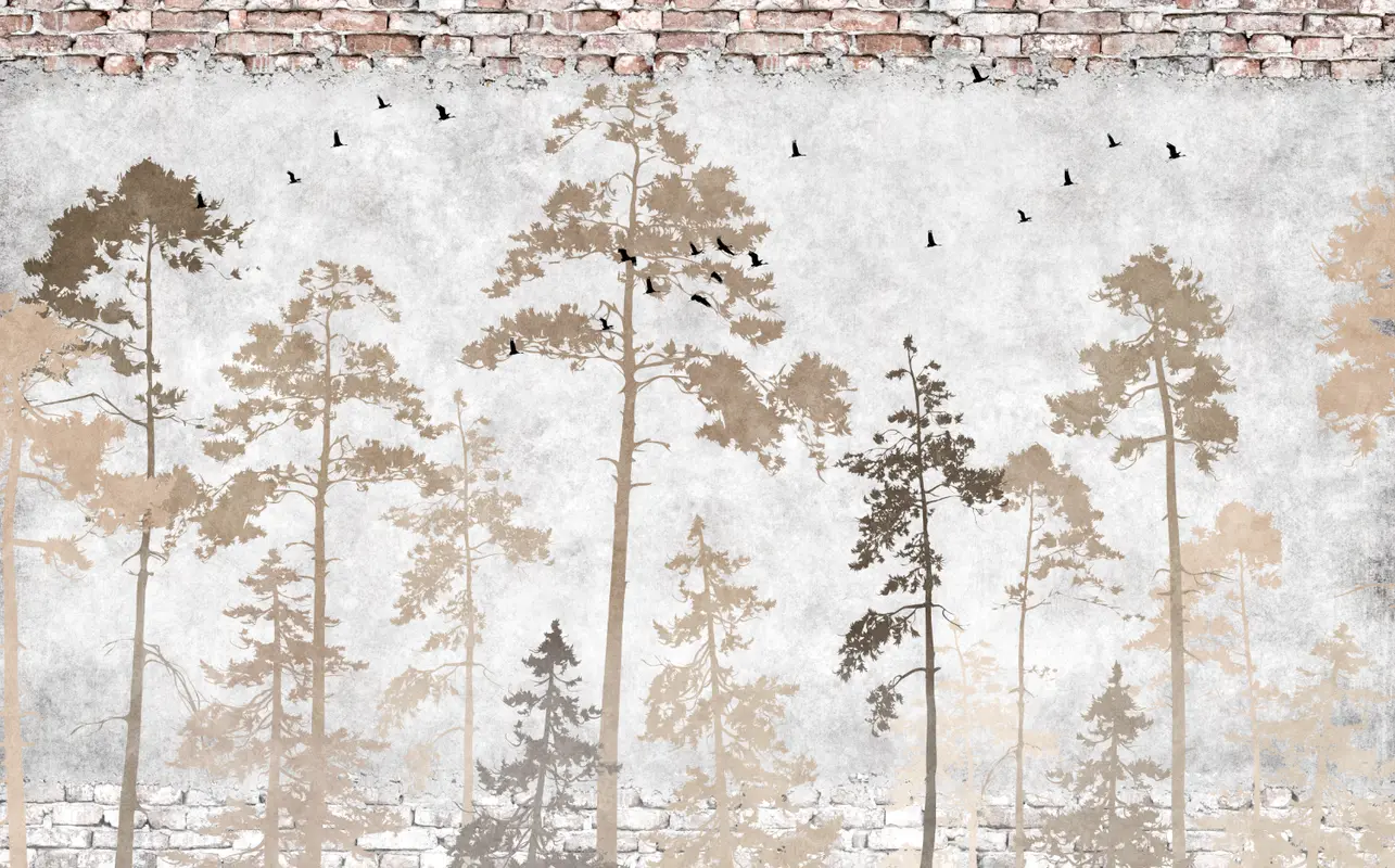 Фотообои и фрески на стену - туман, растения, кирпичная стена, птицы, ель, деревья, лес, кирпич, природа, современный, лофт