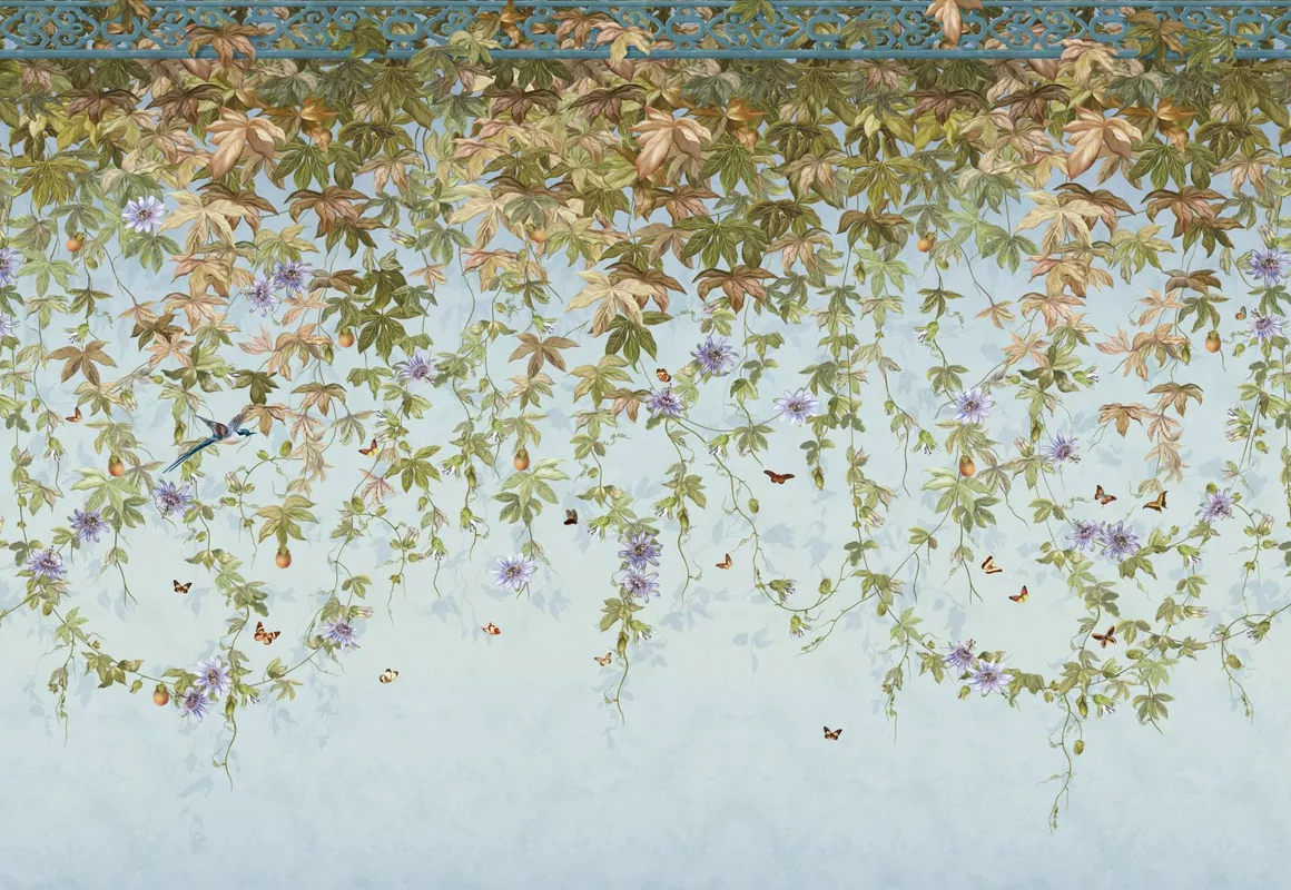 Фотообои и фрески на стену - природа, птицы, лианы, голубые, бабочки, пассифлора, листья, ветви