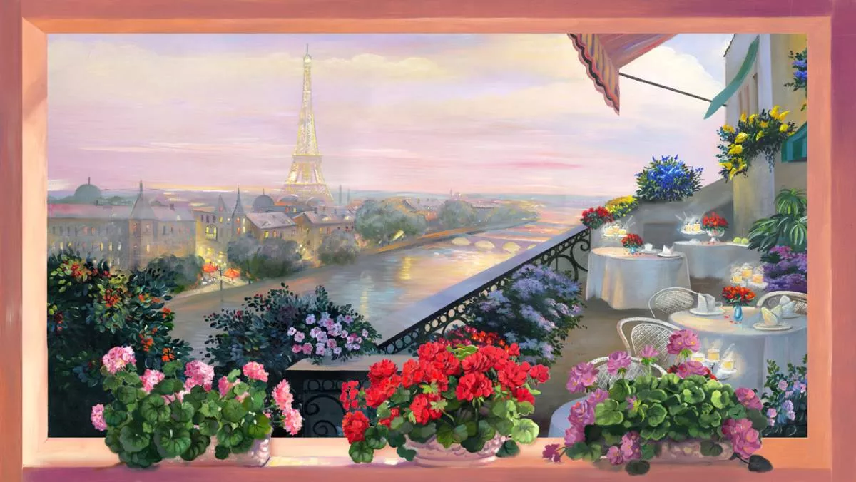 Фотообои и фрески на стену - города, улочки, расширяющие пространство, вид из окна, розовые