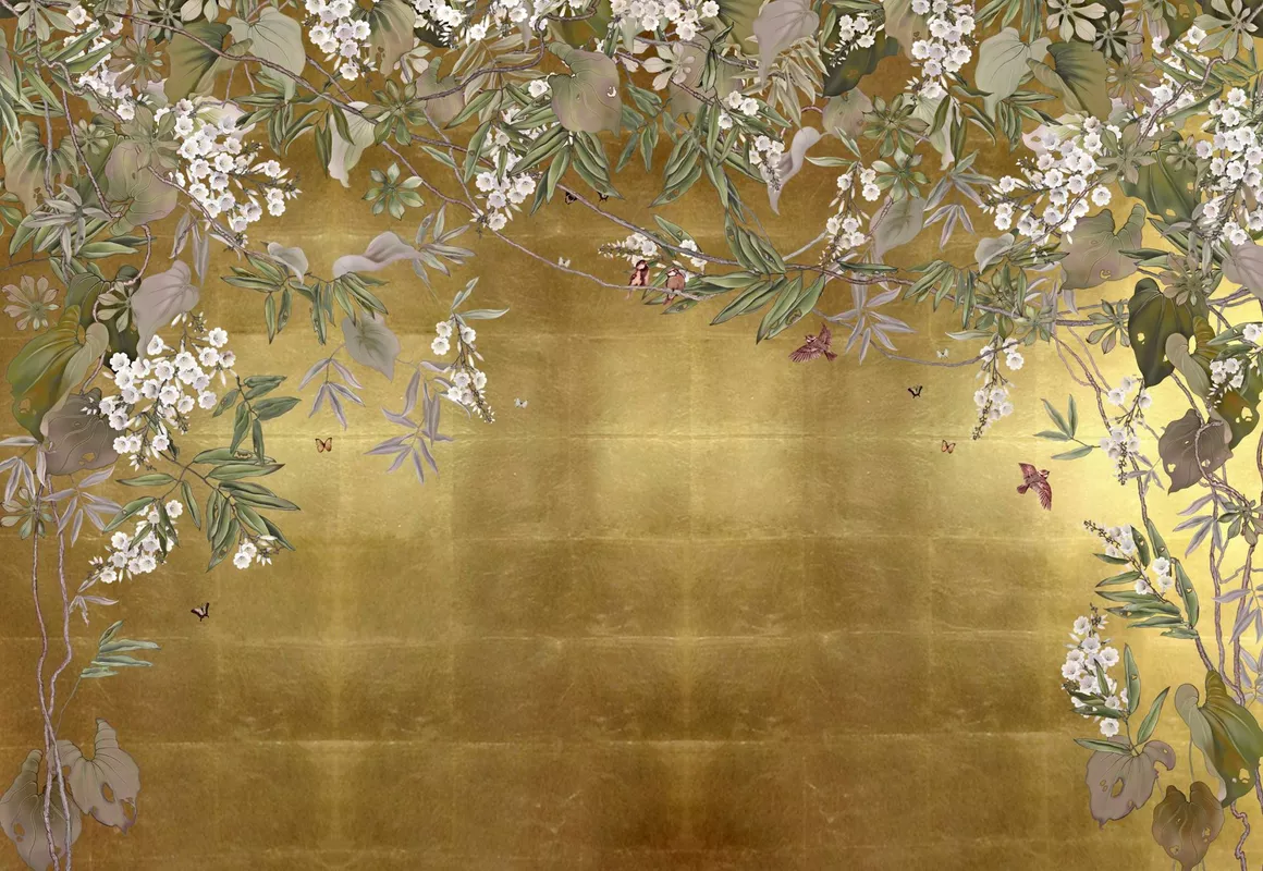 Фотообои и фрески на стену - зеленые, коричневые, бабочки, золото, пионы