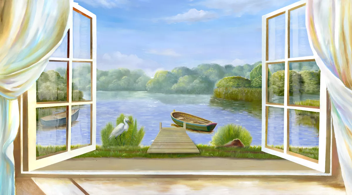 Фотообои и фрески на стену - вид из окна, цапля, лодки, окно, небо