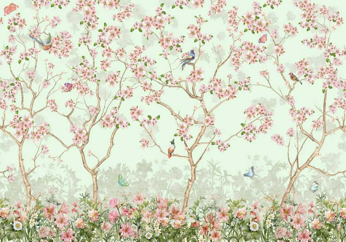 Фотообои и фрески на стену - зеленые, кусты, розовые, деревья, цветы
